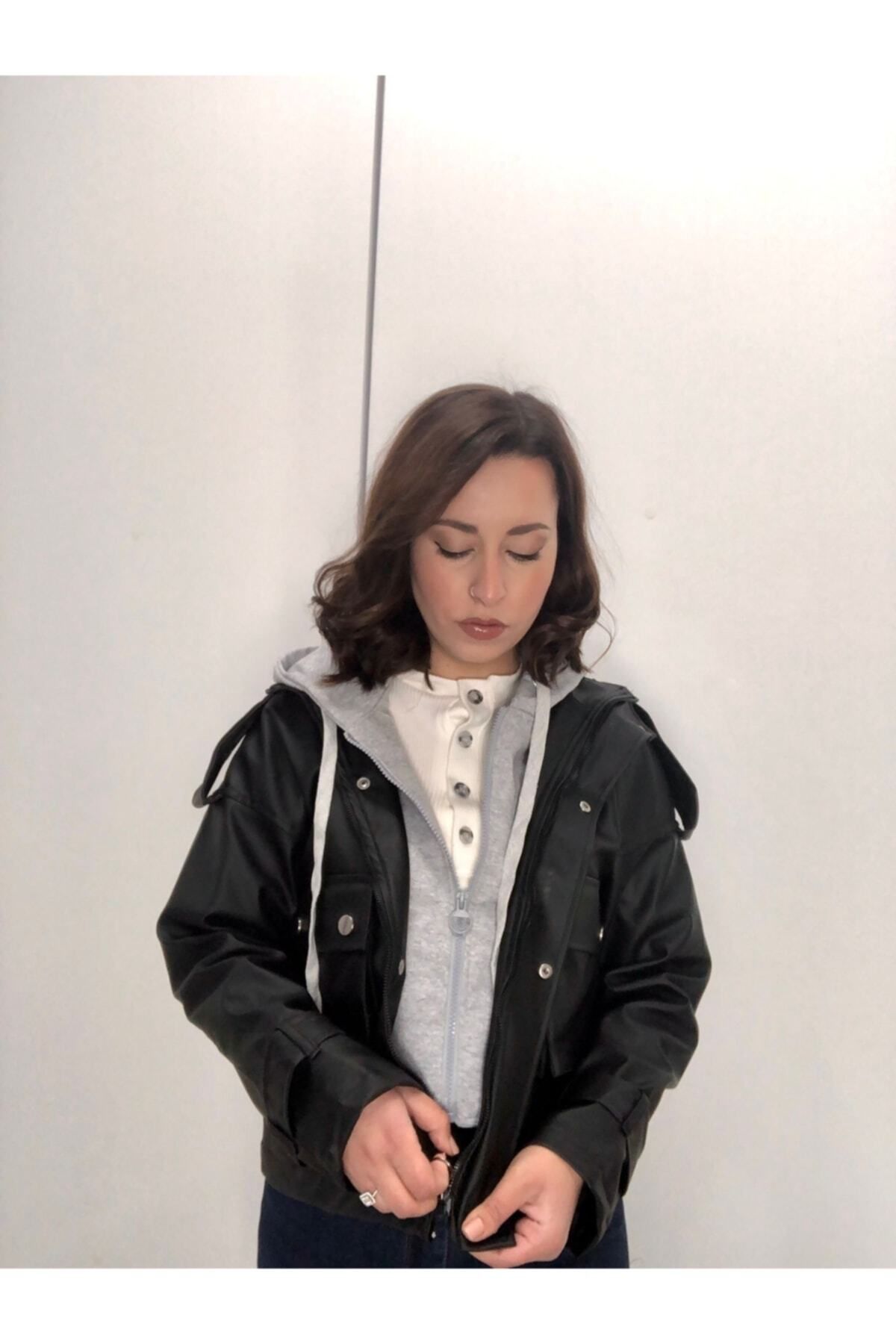 ildanwomen-Coole graue Lederjacke mit Kapuze für Damen 6