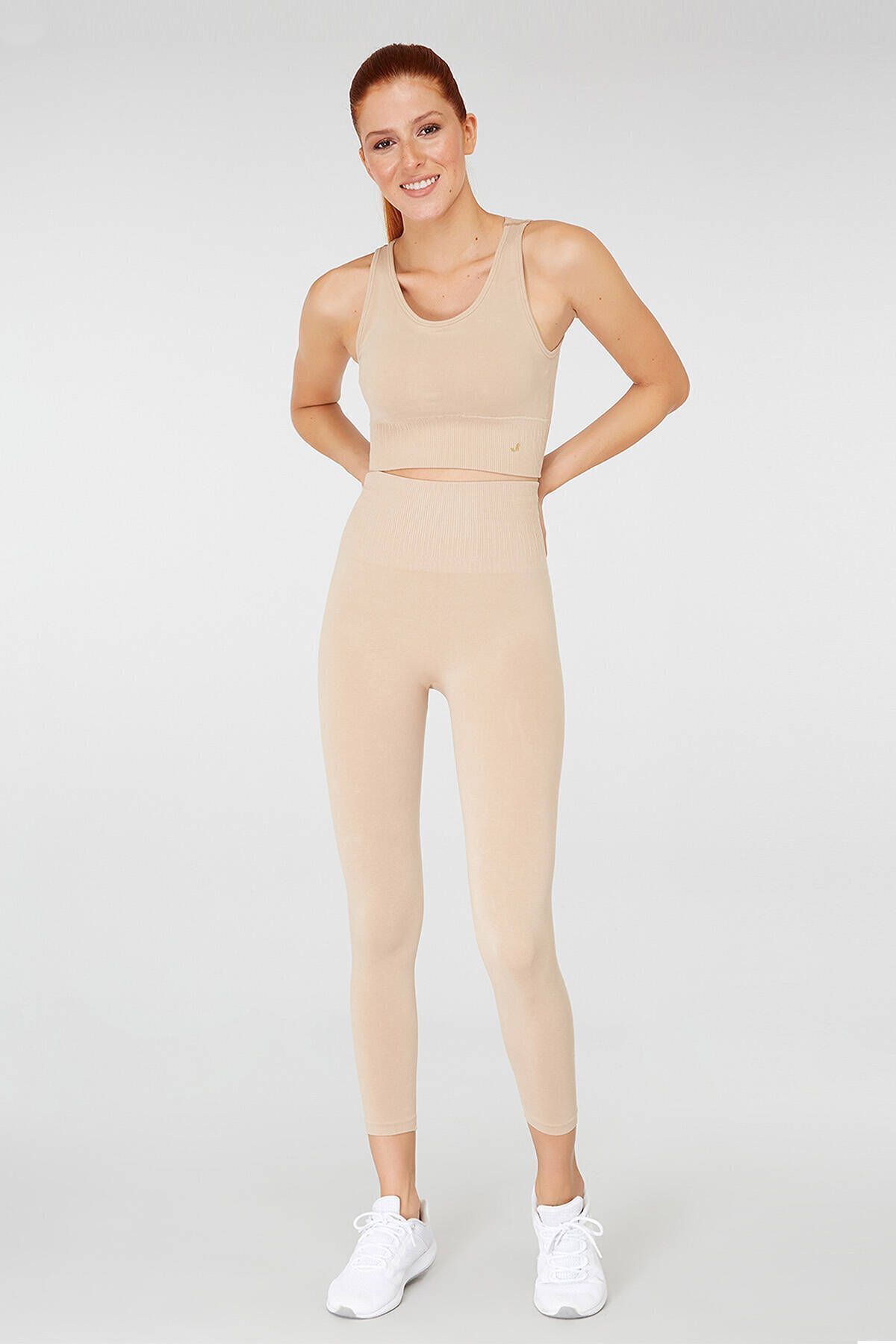 Jerf-Luz Belt Rip Detaillierte, straffende Leggings mit hoher Taille, Beige 2