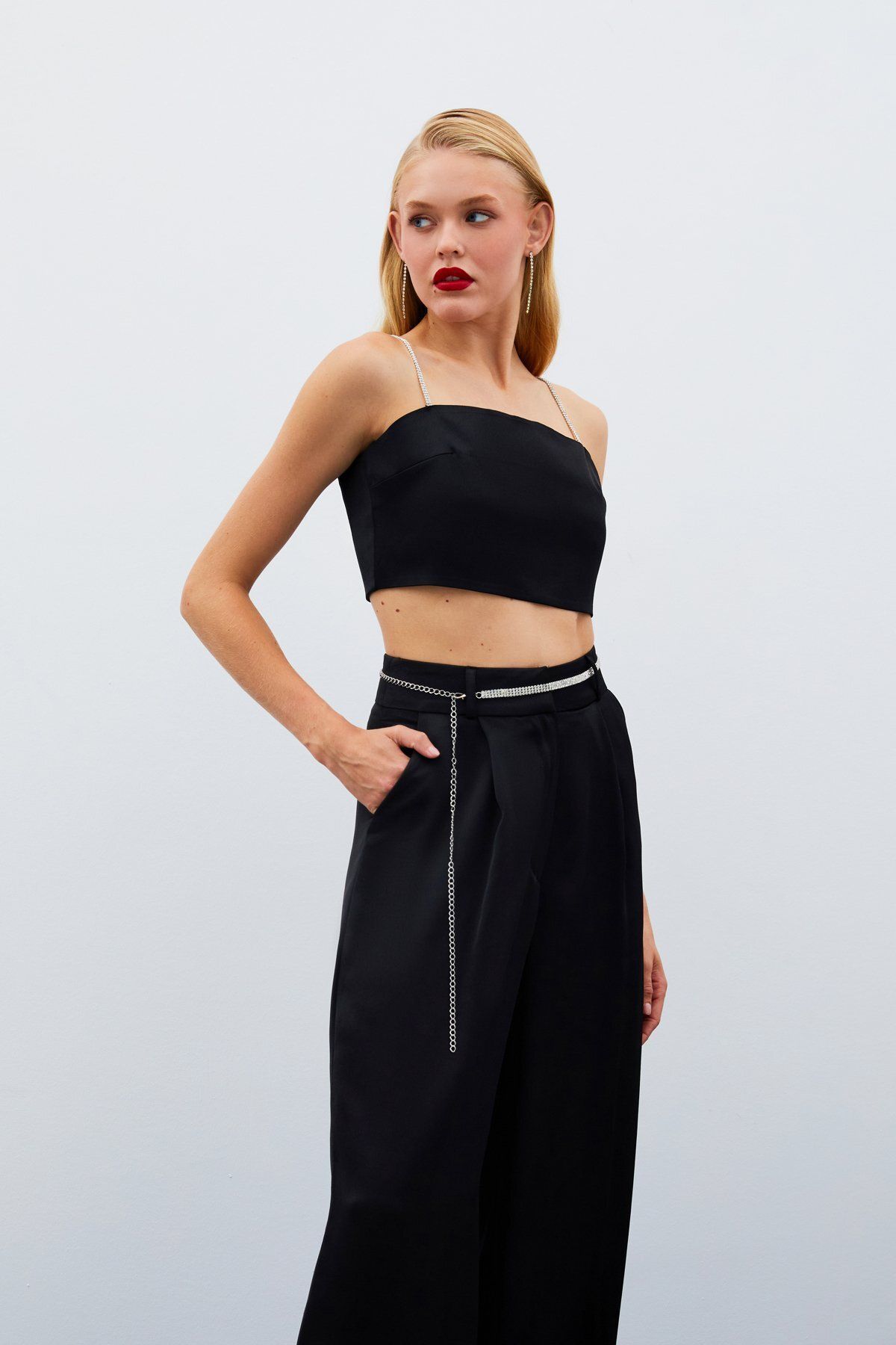 Sateen-Stone Belted Satin Trousers - Black 6