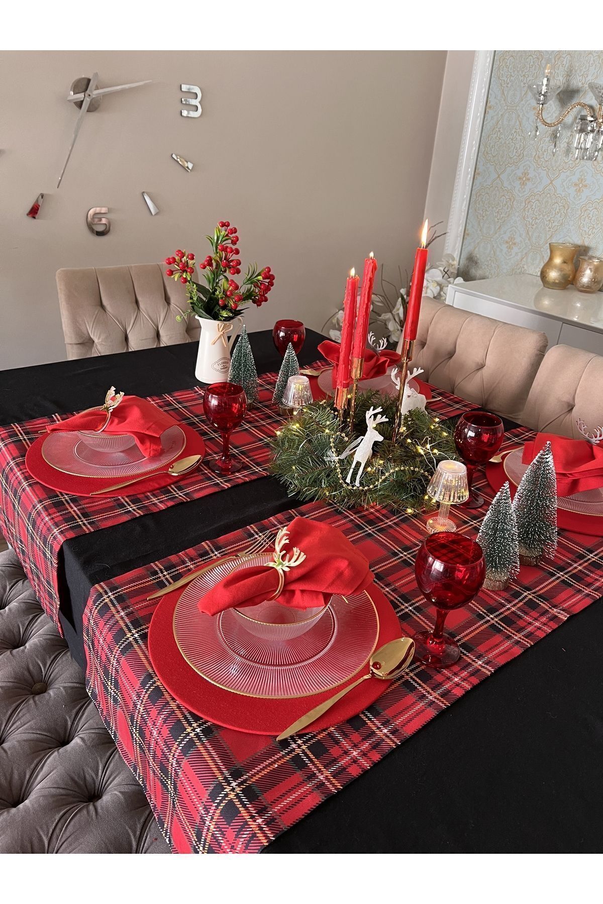 Ayd Home-عداء منقوش باللون الأحمر والأسود - مستطيل لعرض أدوات مائدة عيد الميلاد للعام الجديد، مقاس 43 × 140 سم، قطعة واحدة 1