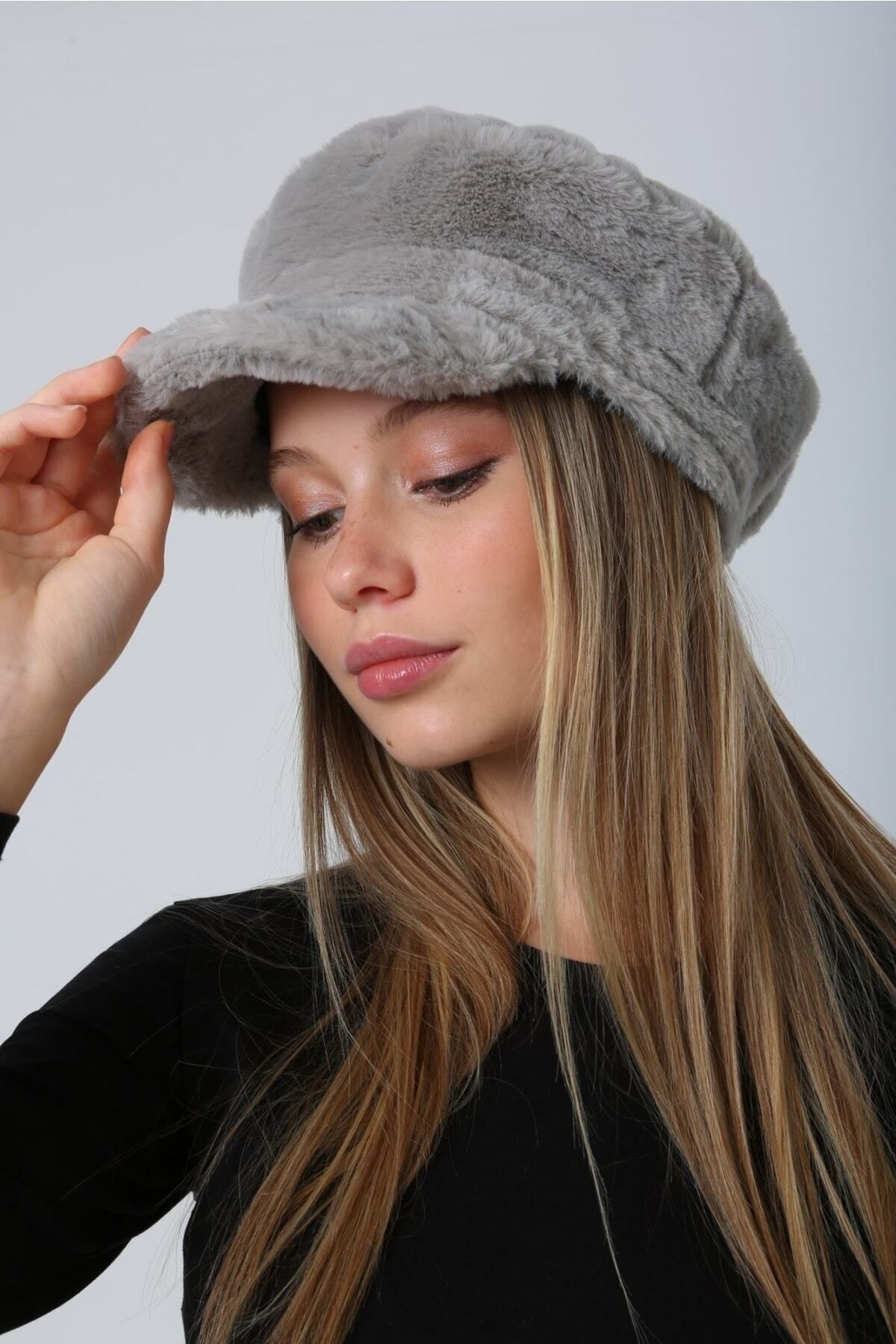 Luminos Butik-Pălărie gri de iarnă - Accesoriu din blană groasă, caldă, pufoasă Spk1128 6