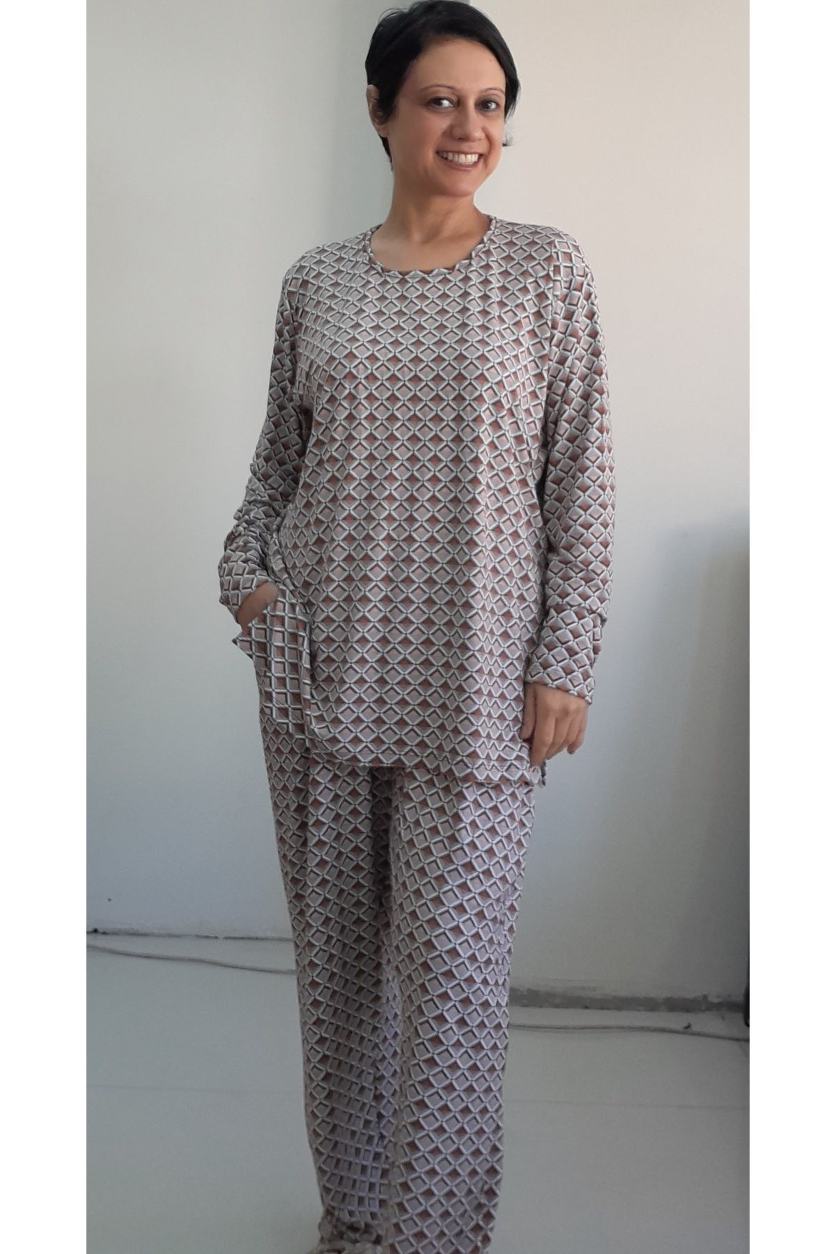 Mertcan Butik-Mink Brown Patterned Combed Cotton Viscose Pajama Set - Top and Bottom Set 5