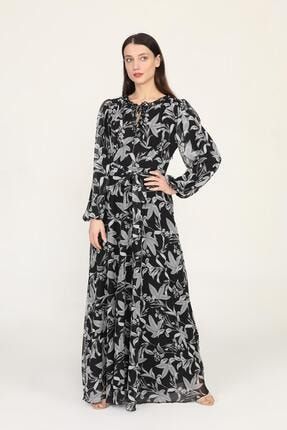Kadın Siyah Yaka Fırfır Bağcıklı Kosajlı Uzun Kol Desenli Şifon Uzun Elbise CYL 2934