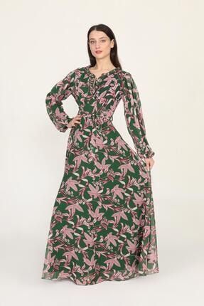 Kadın Yeşil Yaka Fırfır Bağcıklı Kosajlı Uzun Kol Desenli Şifon Uzun Elbise CYL 2934