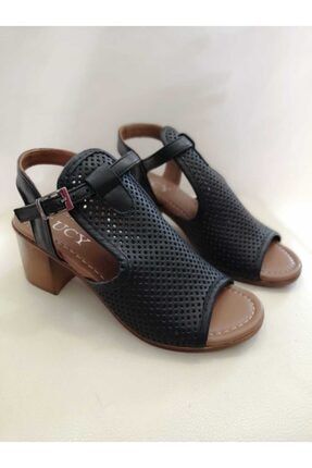 Siyah Hakiki Deri Rahat Günlük Kadın Topuklu Sandalet LCY3