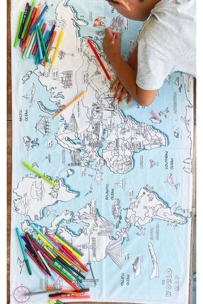 Dünya Haritası Boyama Örtüsü-boya, Yıka, Tekrar Boya, Tekrar Yıka-70x120cm (12'li Kalemle) WRLD01