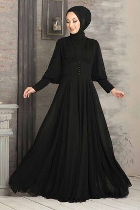 Tesettürlü Abiye Elbise - Düğme Detaylı Siyah Tesettür Abiye Elbise 53810s ARM-53810