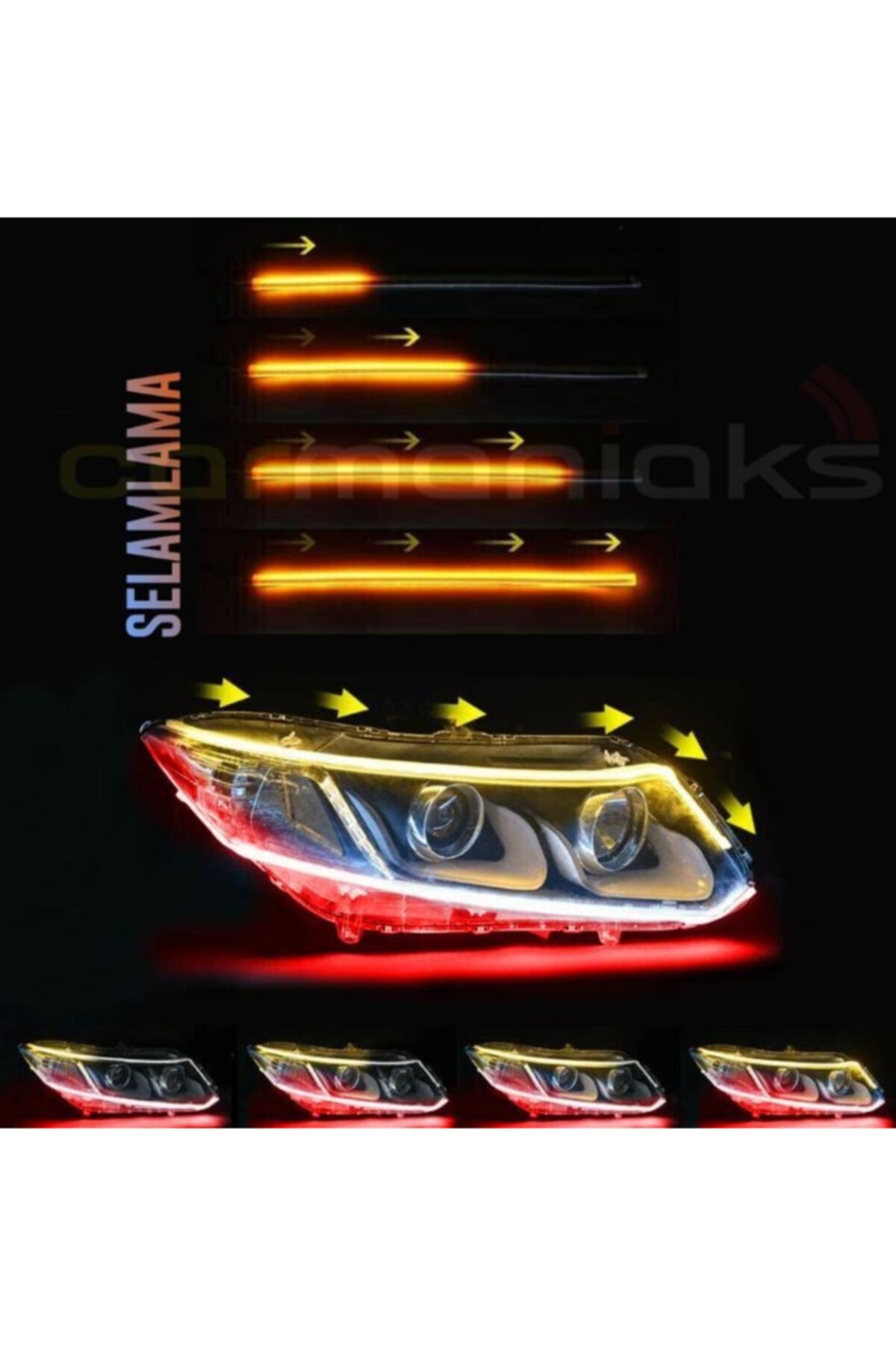 TEKNOCLUB Far Üstü & Far Içi Selamlamalı Sinyalli Kırmızı-turuncu Kayar Led 2'li Set 45 Cm Kırmızı45cm