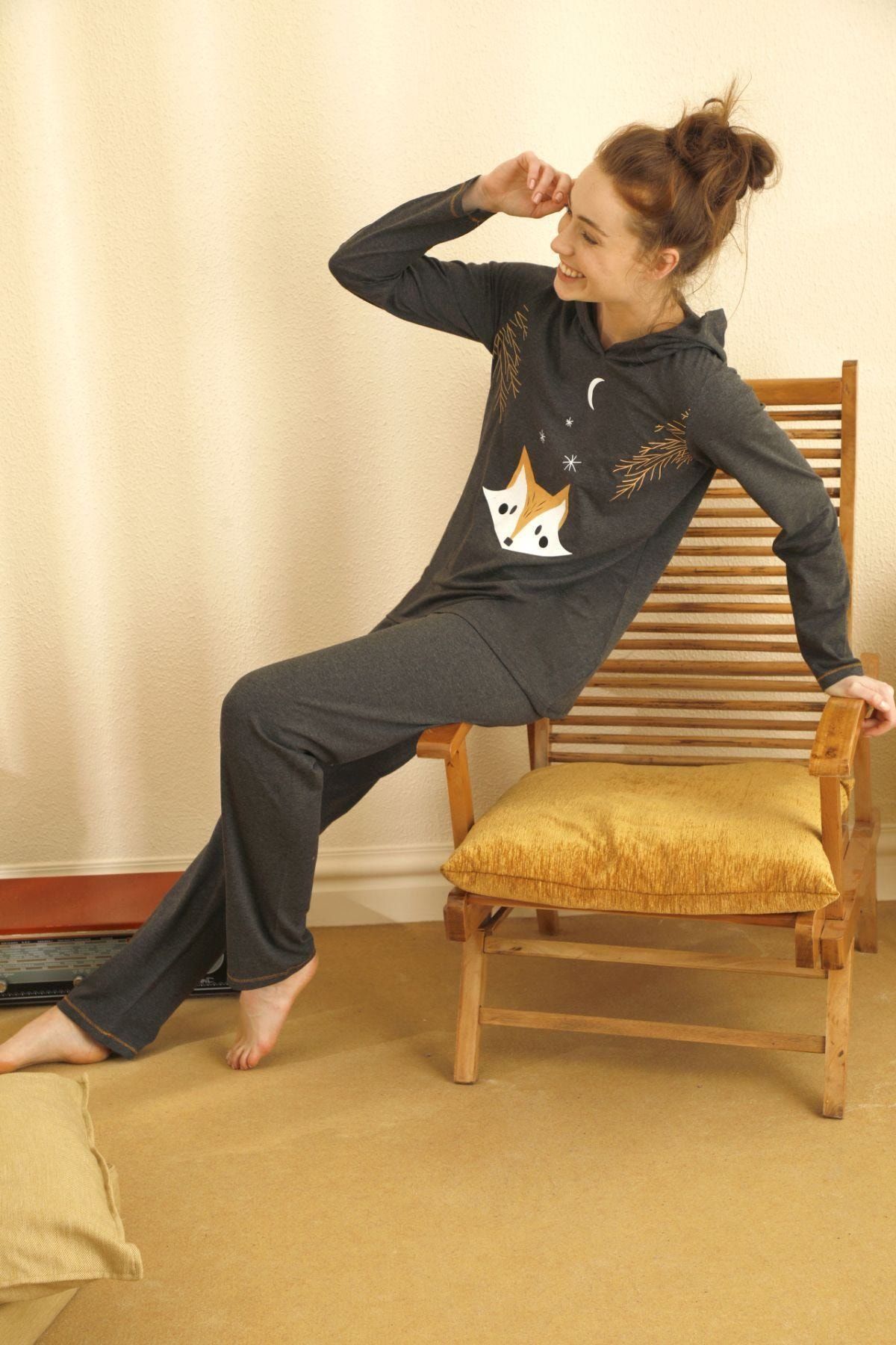 Siyah İnci Pamuklu Likralı Kapişonlu Pijama Takım