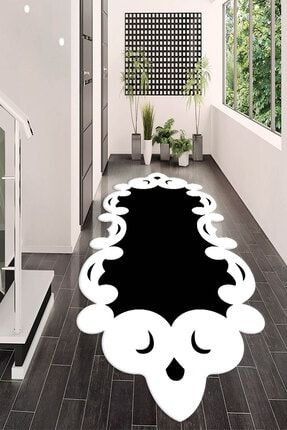 Adella Dijital Baskılı Kaymaz Taban Yıkanabilir Siyah Beyaz Lazer Kesim Salon Halısı AD00023