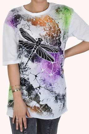 Butterfly Dijital Baskılı Yuvarlak Yaka Kısa Kol Beyaz Bluz BAYAN TUNIK 013100