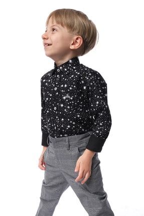 Siyah Uzun Kollu Beyaz Yıldız Desenli Pamuklu Erkek Çocuk Gömlek A21SS0240119
