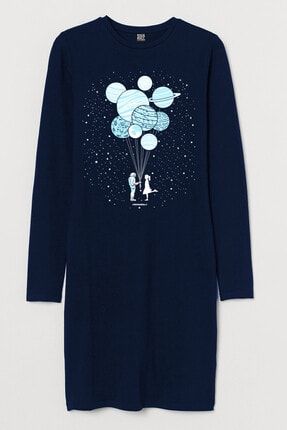 Kadın Lacivert Balon Gezegenler Uzun Kollu Penye T-shirt Elbise 1M2DW237AL