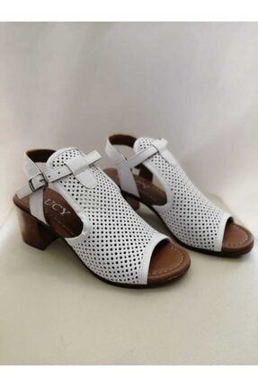 Beyaz Hakiki Deri Rahat Günlük Kadın Topuklu Sandalet LCY0