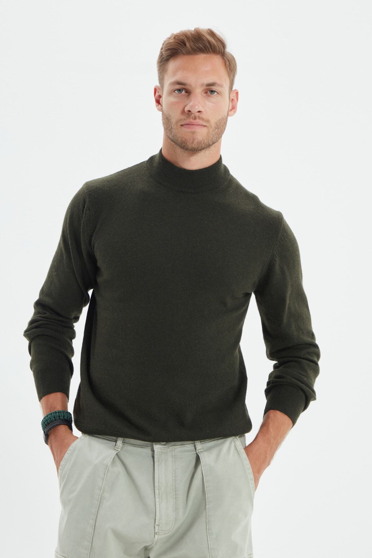 Trendyolmilla Man Haki Slim Fit Yünlü Yarım Balıkçı Yaka Basic Triko Kazak TMNAW21KZ1595