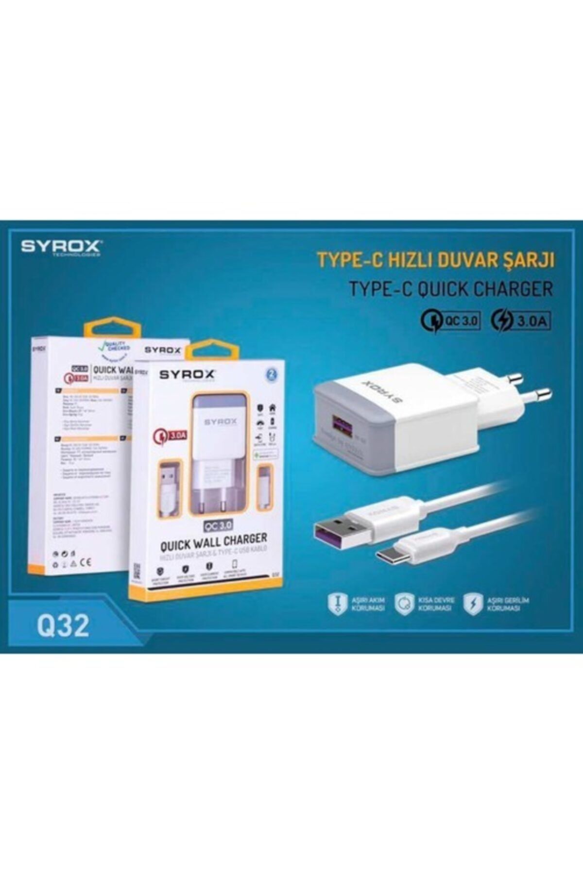 Syrox-Vodafone Smart Pro 7 Type-C Input Fast Charger Set - Adapter+Cable Q32 3.0 Ampere 3