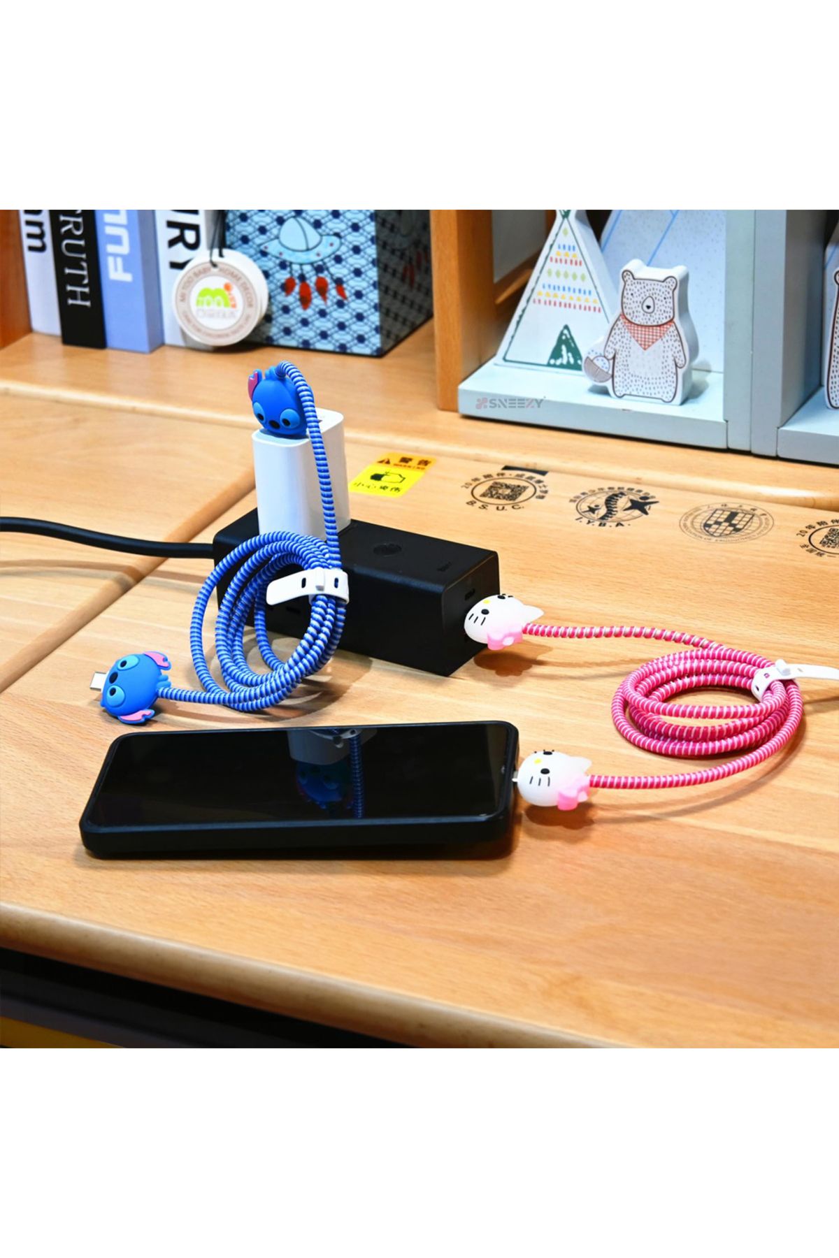 Sneezy-Iphone, Oppo, Xiaomi 3 in 1 Spiral Cable Protector Set 3D Figured End and Spiral Cable Case 2