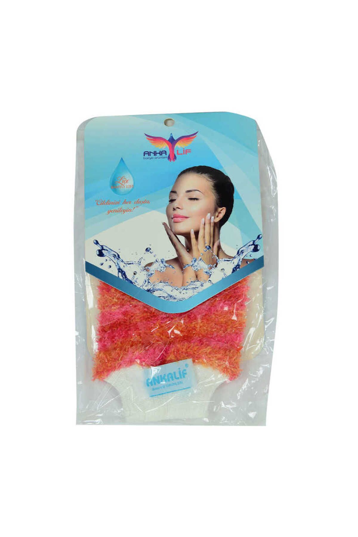THE SELY Lastikli El Geçmeli Yumuşak Eldiven Banyo Lifi Pembe-Turuncu 20x10 Cm