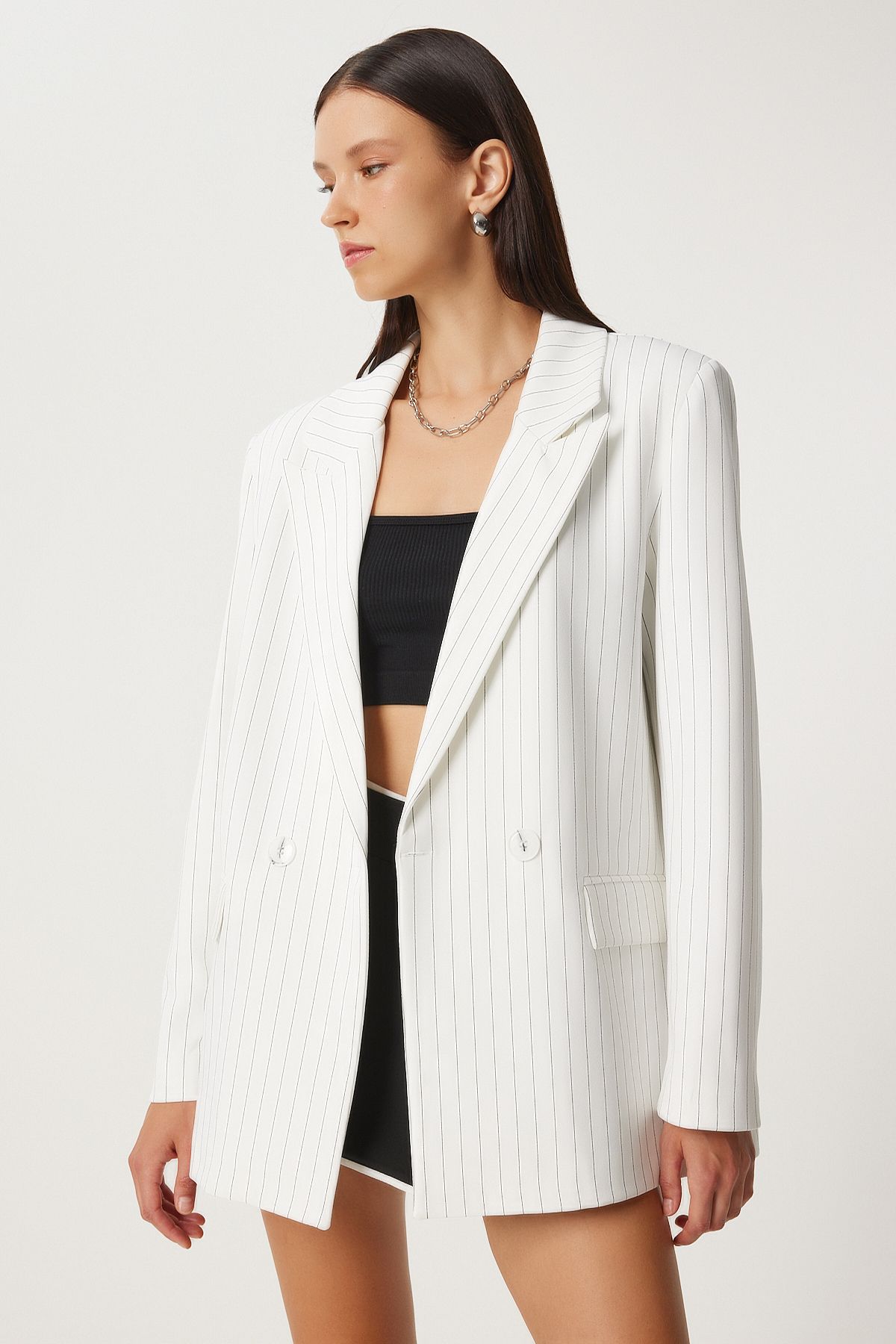 Lovelyİstanbul-Oversize Thin Striped Double Breasted Jacket - Padded, Ecru Lto0029 2