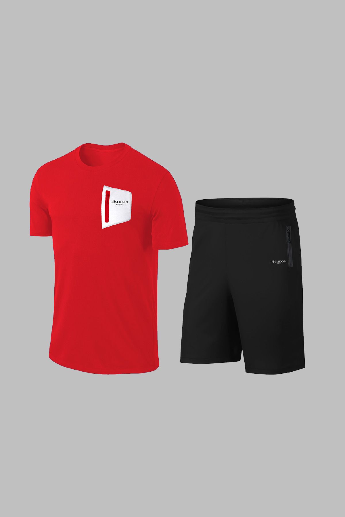 POSEIDON STORM-Мъжки шорти с къс ръкав, удобен горнищник, червен Dri-fit, без принт, Over Size 1