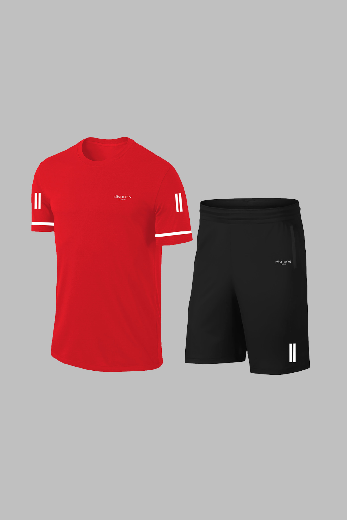 پوزایدون استورم ست تی‌شرت و شلوارک آستین کوتاه یقه گرد بدون طرح و طرح چاپی مردانه سایز بزرگ، جیب قرمز Dri-Fit، ست تاپ و شلوارک