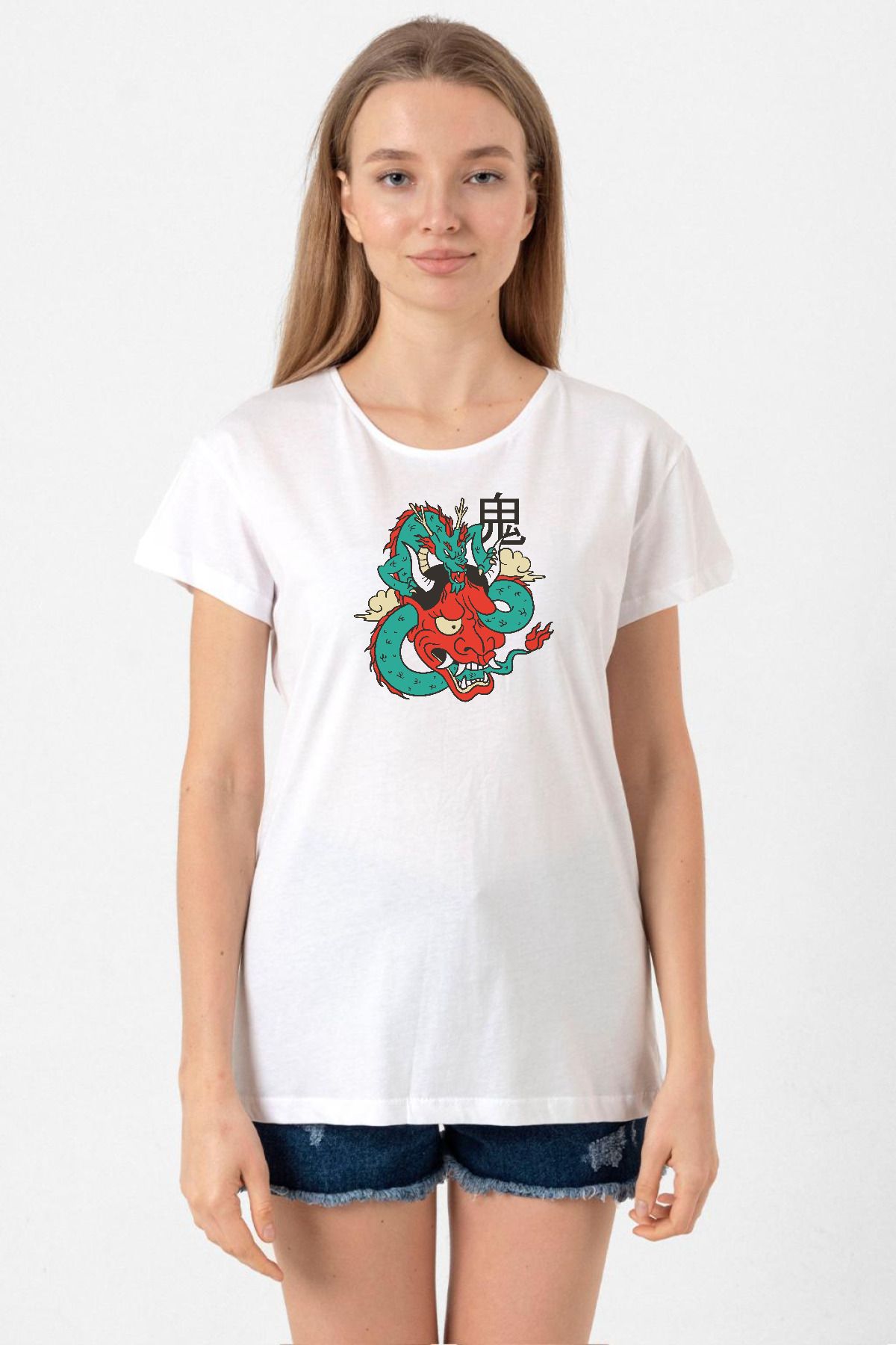 Tshirthane-Dragon Samurai Anime White Women's Bicycle Collar T-shirt 1