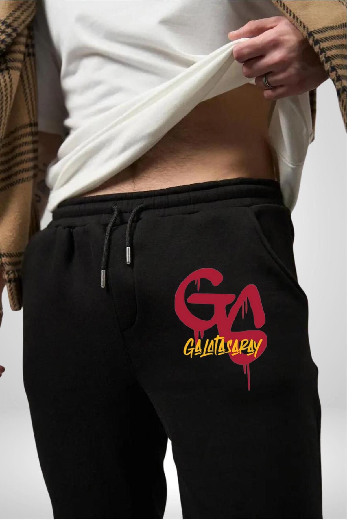 Angemiel-Men's Printed Black Sweatpants - Yellow Red Gs 3 Thread 7