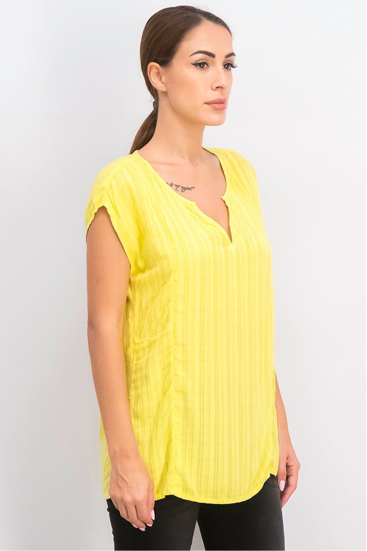 Esprit-Women Split Neck Sleeveless Stripe Top, Yellow 4