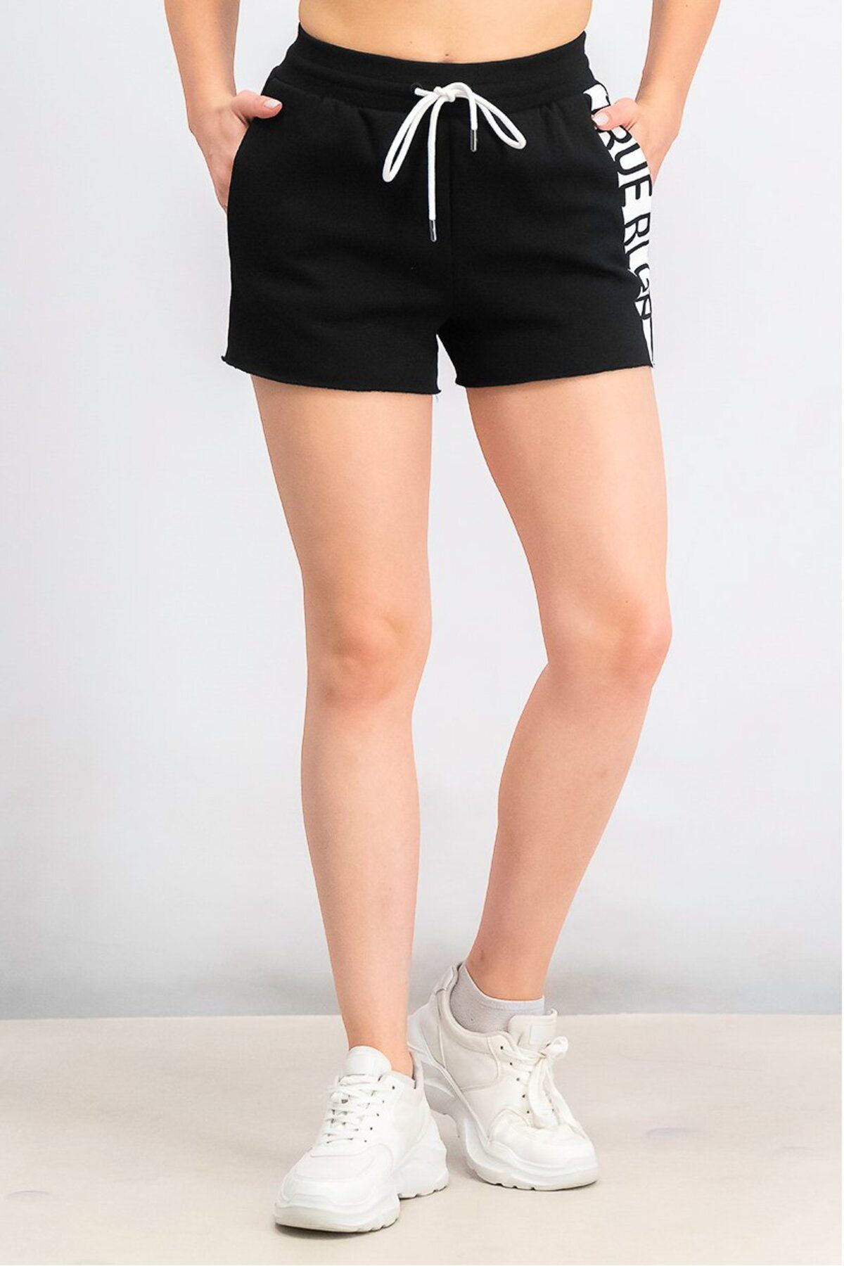 True Religion-Women Brand Logo Drawstring Basic Shorts, Black 1