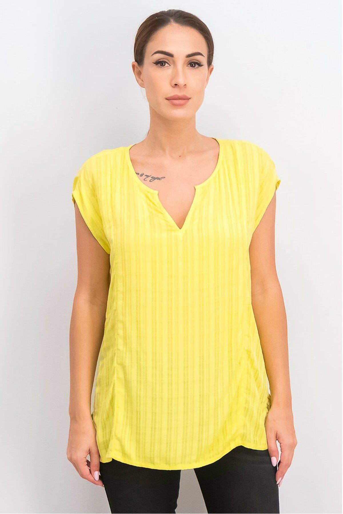 Esprit-Women Split Neck Sleeveless Stripe Top, Yellow 1