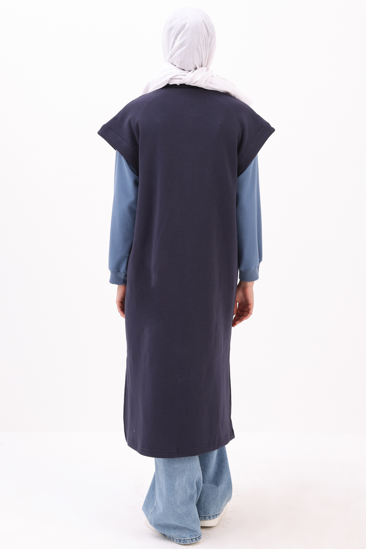 ALLDAY-Navy Blue Raised Vest with Stand Collar and Slit Detail 4