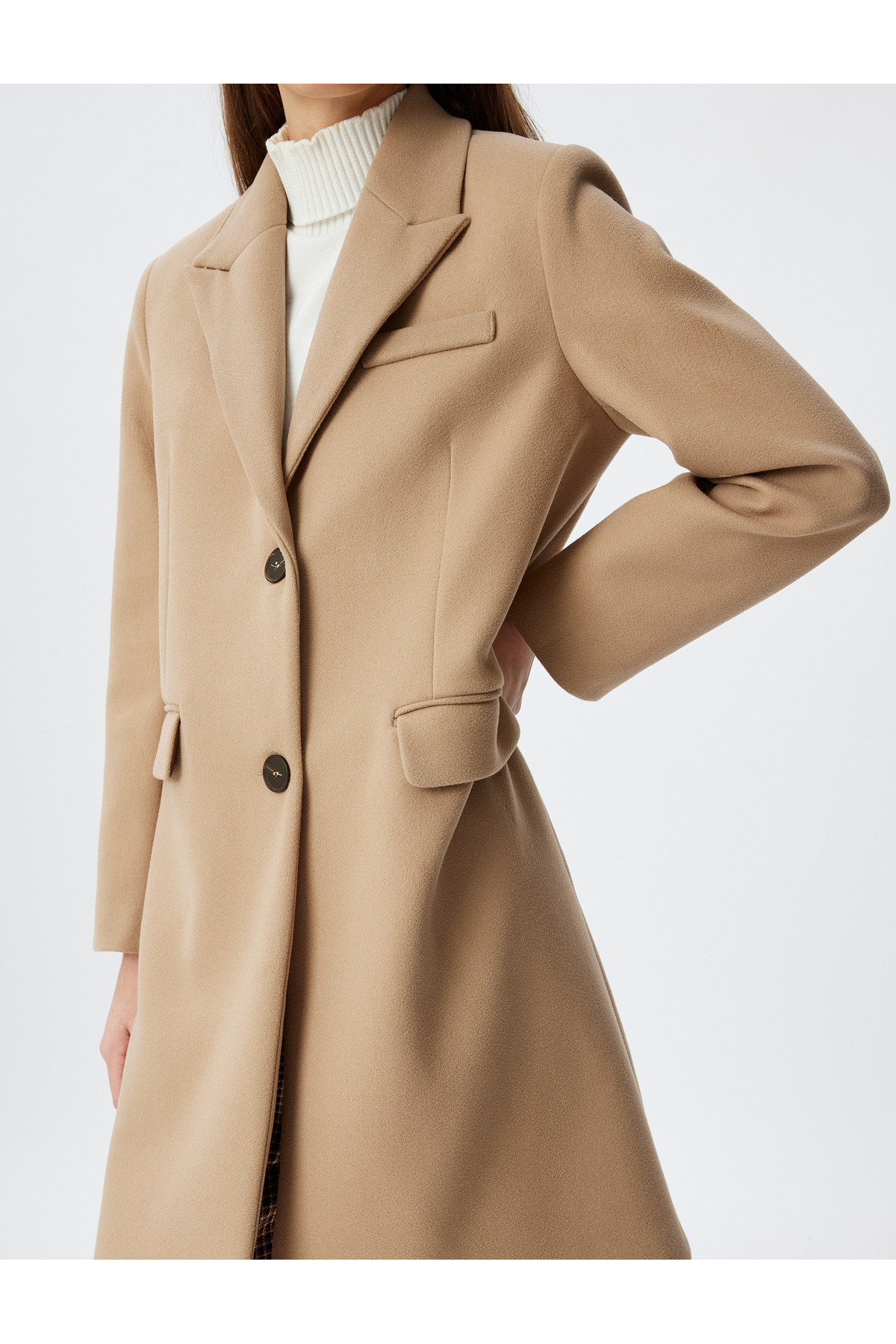 Koton  Uzun Kruvaze Kaşe Kaban Düğmeli Cepli - Görsel 5