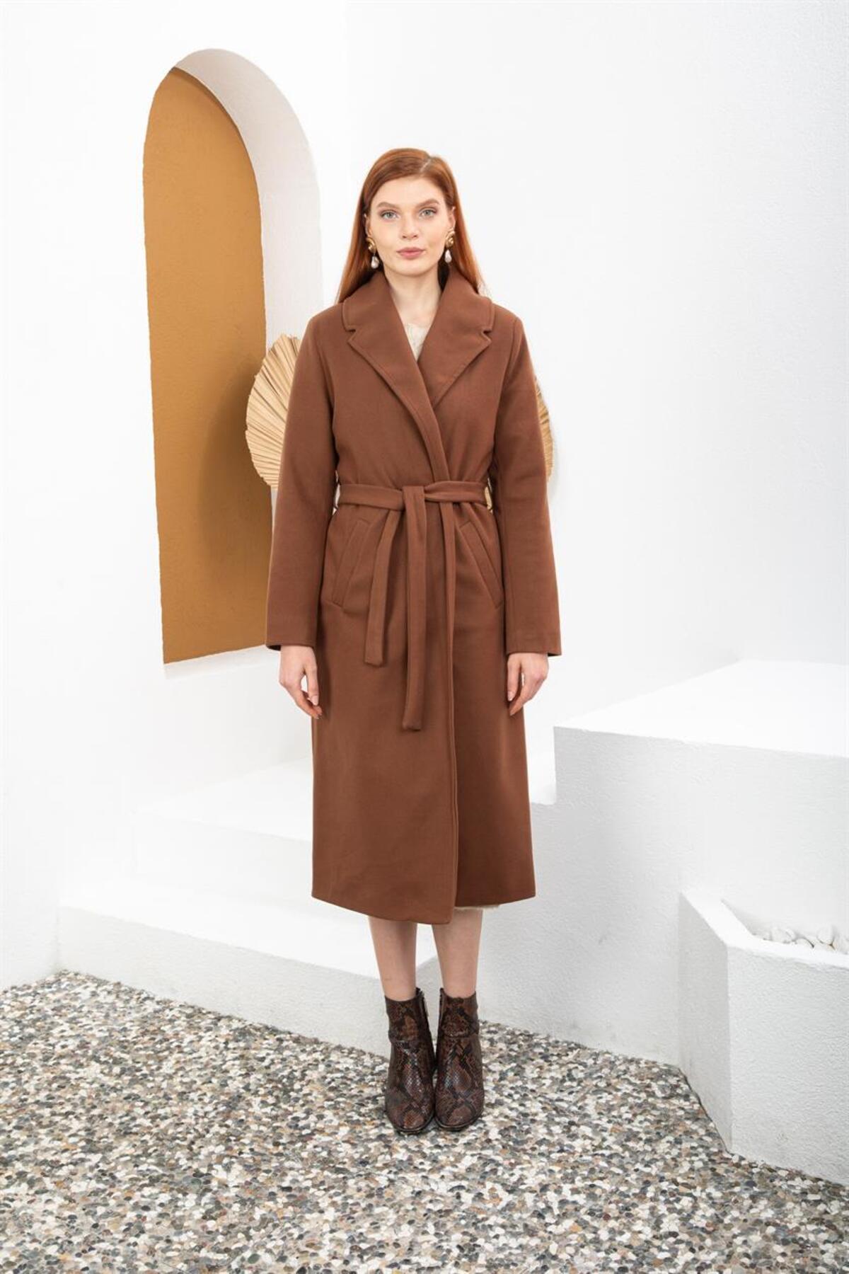 Livanomi  Kahverengi Kemerli Palto - Görsel 4