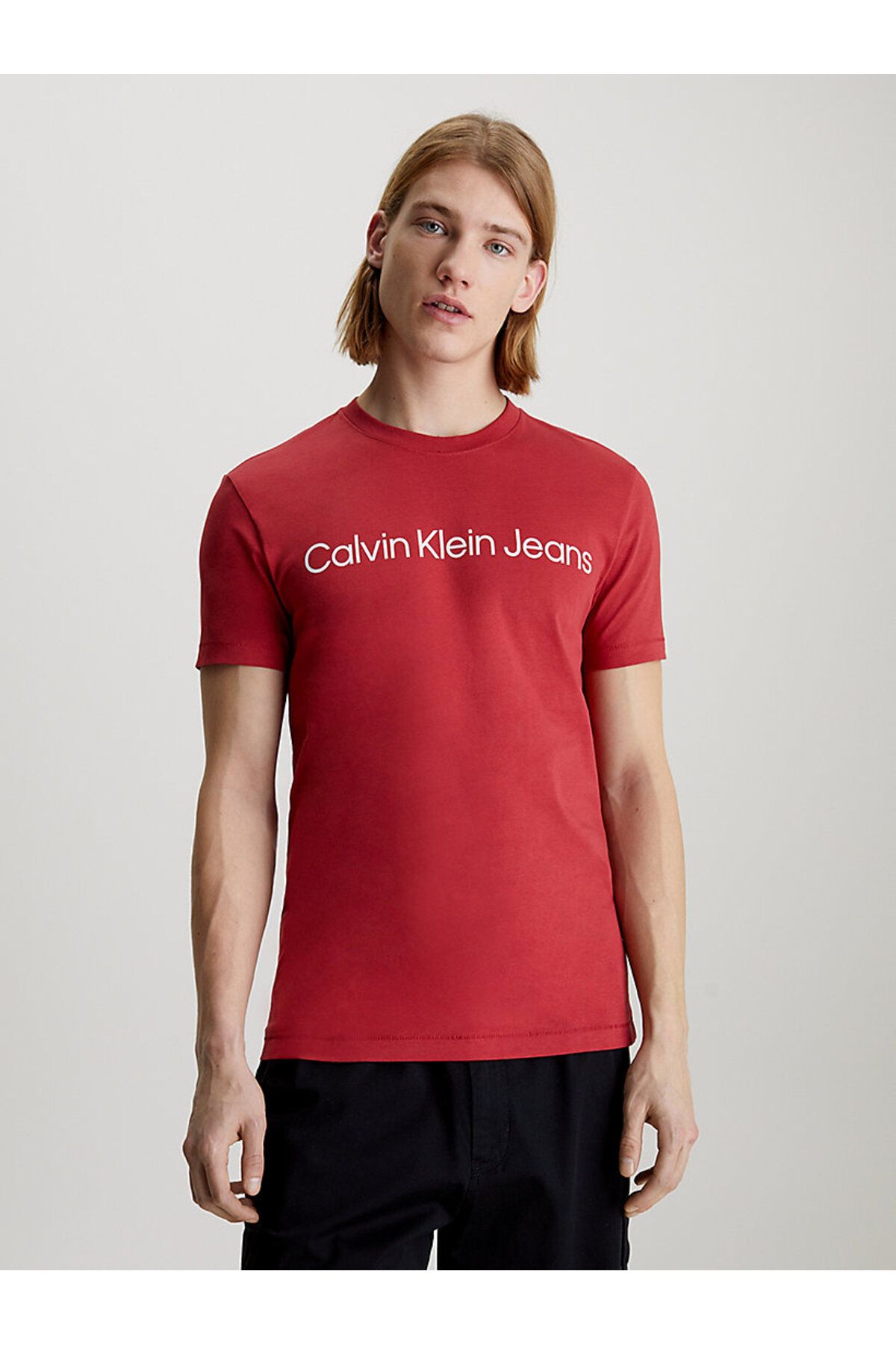 تی شرت قرمز مردانه آرم نهادی اورجینال Calvin Klein