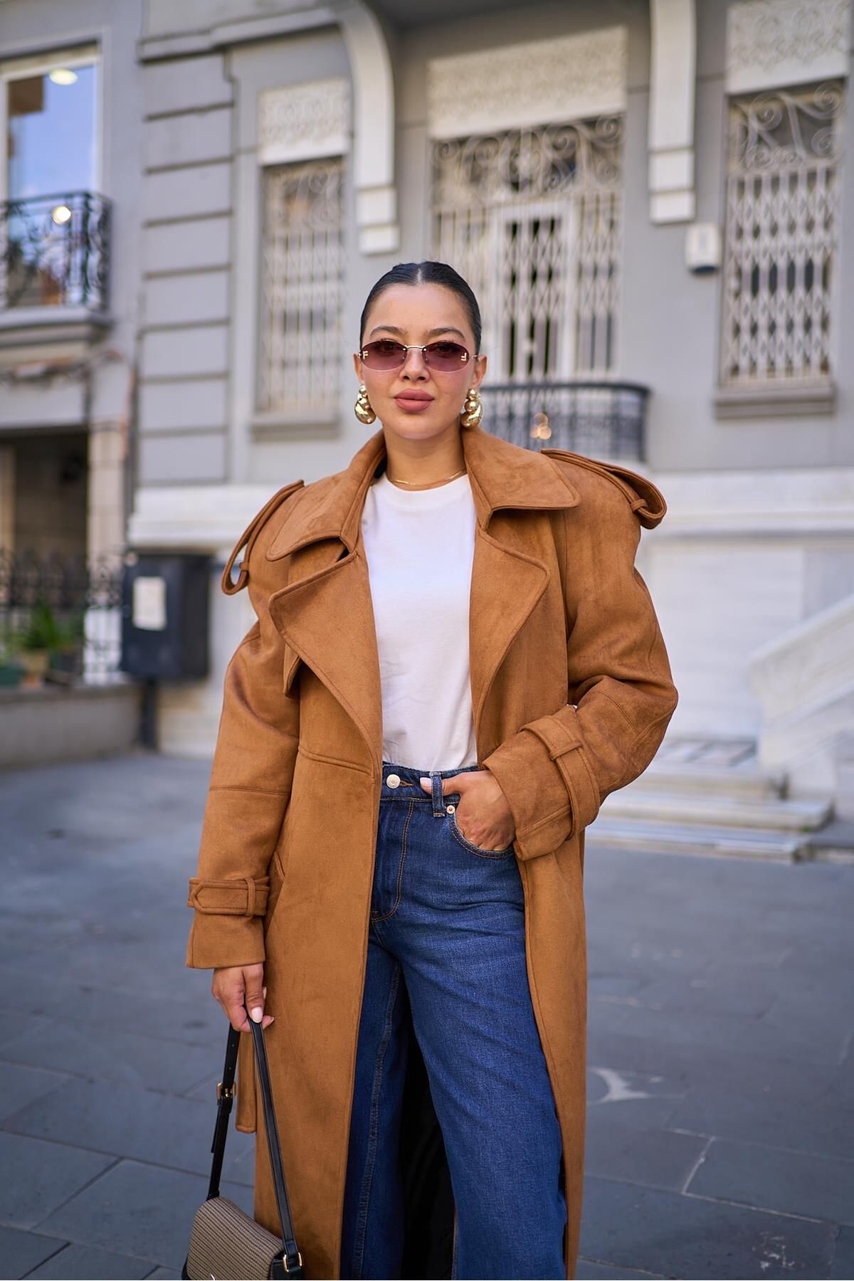 Askı Nişantaşı-Σχέδιο Suede Trench Coat - Tan Belted 3