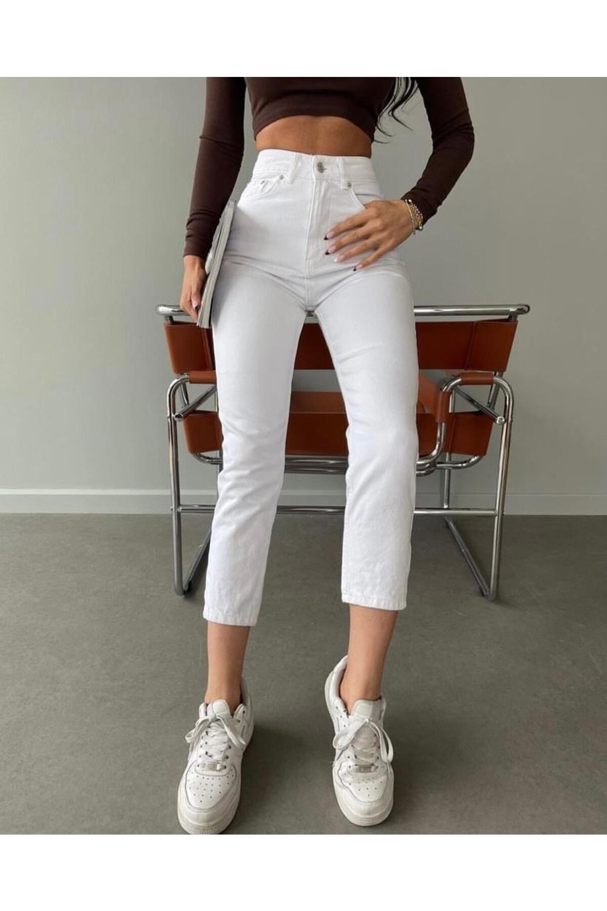 LAMİRA-Mom Jean Lycra White High Waist Jeans (DOES NOT SHOW UNDERWEAR) 4