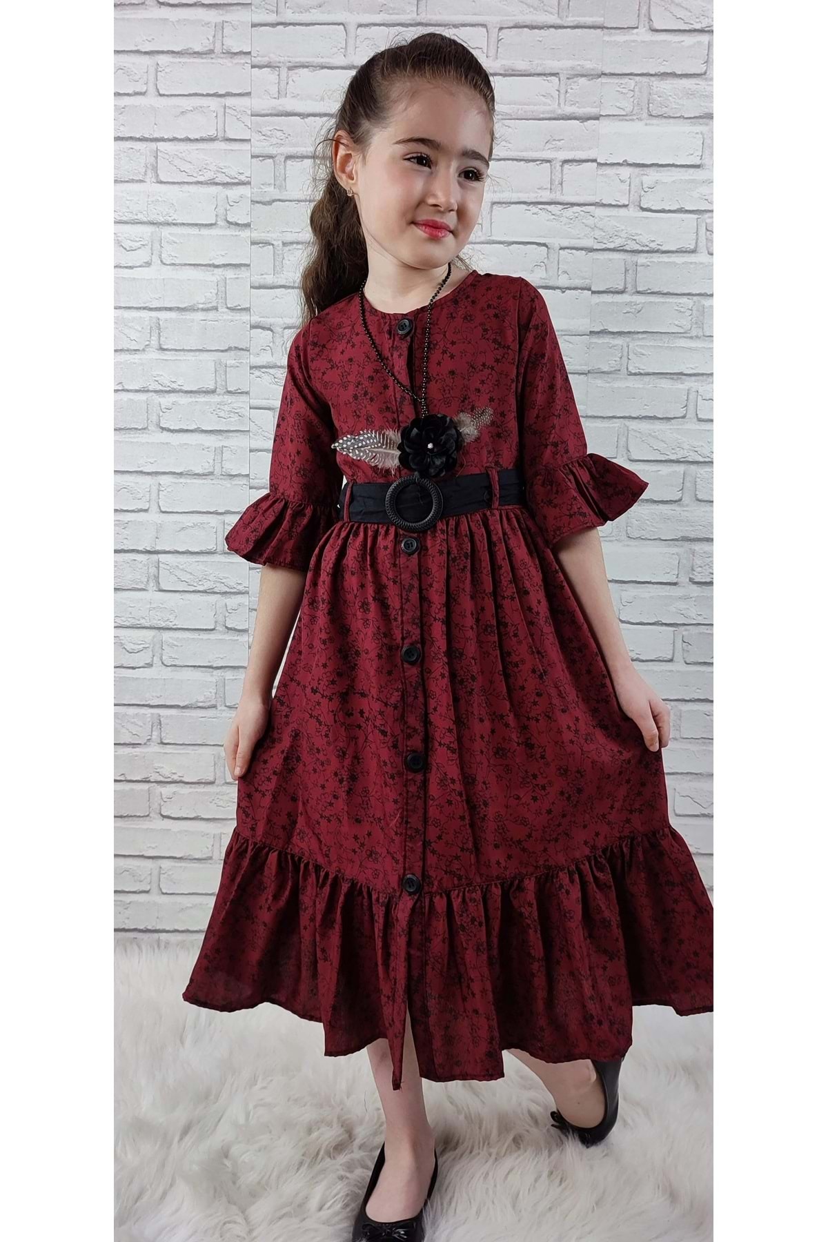 Mnk Vintage Basma Kız Çocuk Elbise MNK0299 BORDO fotoğrafı 2 (önizleme)