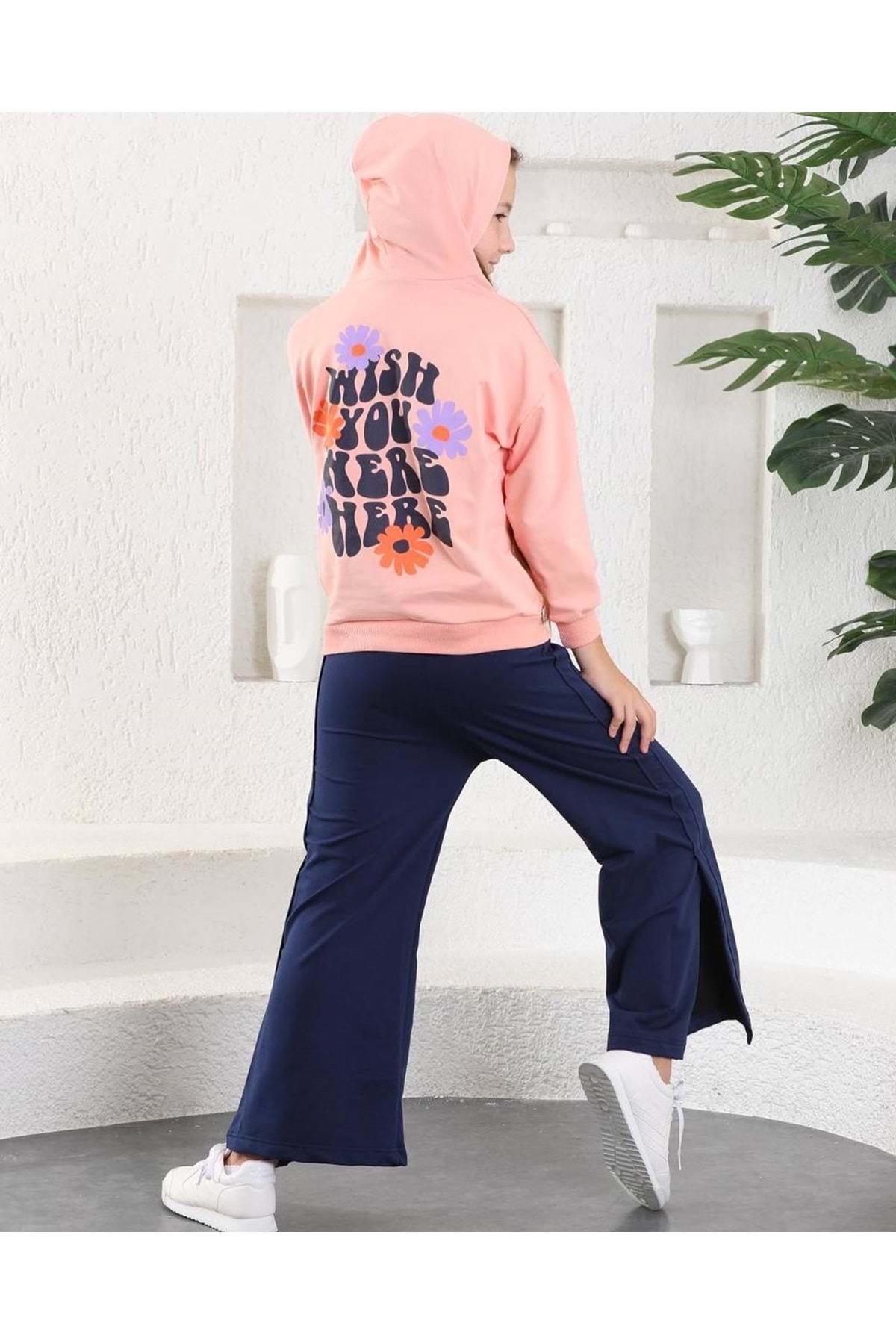 Mnk Baby&Kids Çiçekli İspanyol Paça Garson Boy Salaş Model Kız Eşofman Takım MNK0394 SOMON fotoğrafı 2 (önizleme)