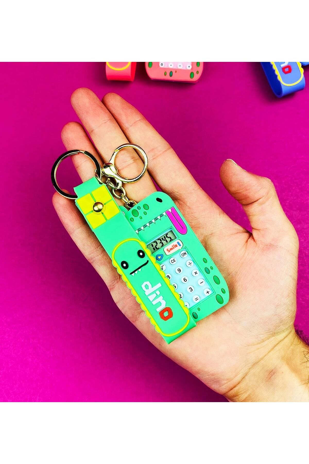 Gift Moda-Dinosaur Themed Colorful Calculator and Keychain Set 2