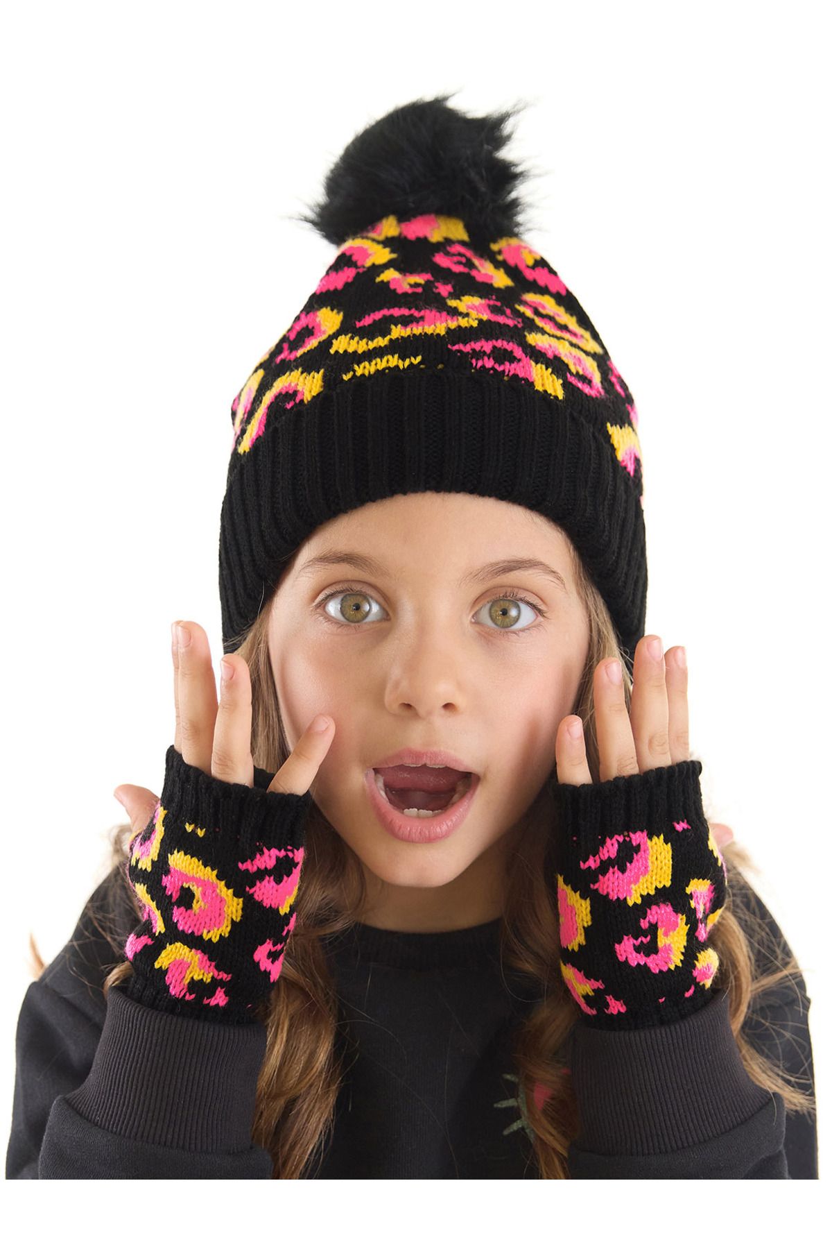 MSHB&G-Pink Leopard Girl's Beret and Gloves Set 1