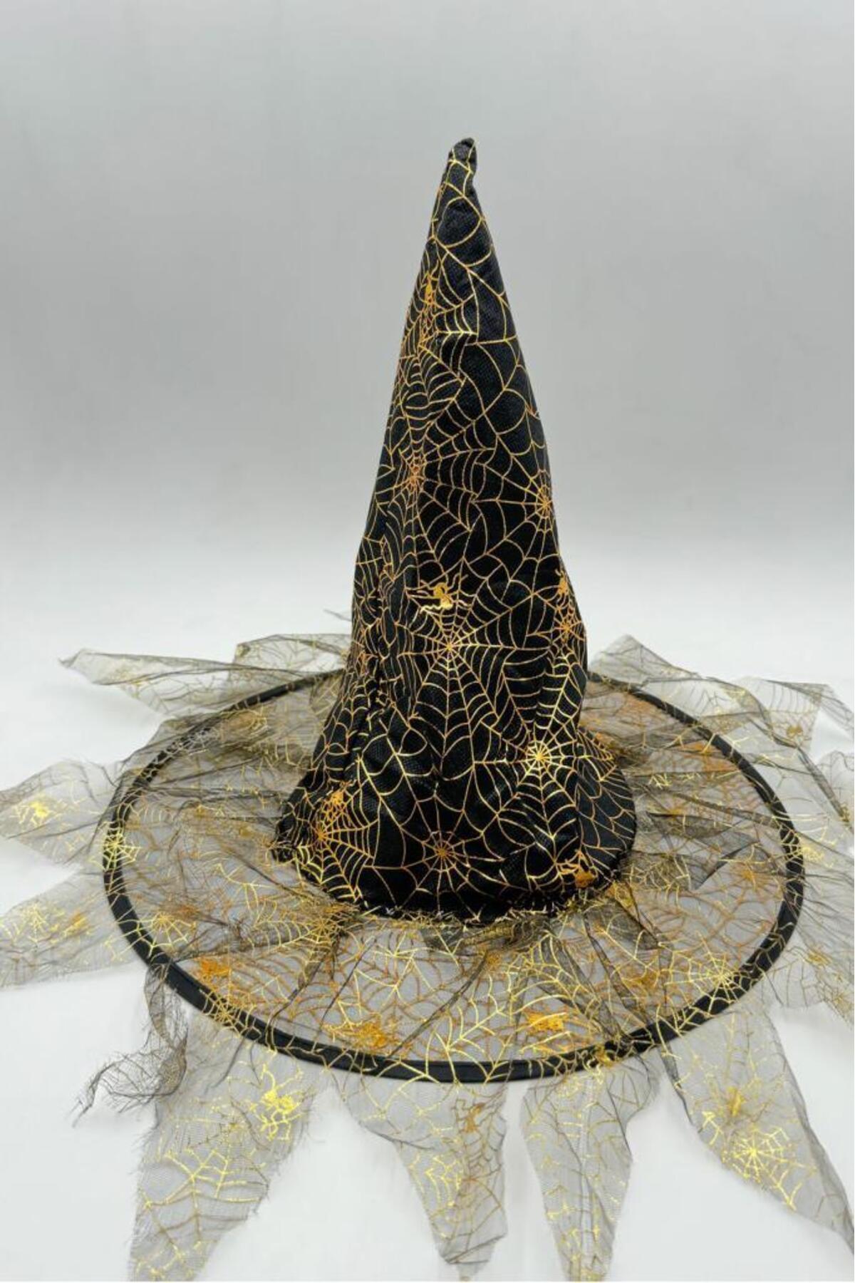 BeySüS Halloween Cadı Şapkası Gold Tüllü