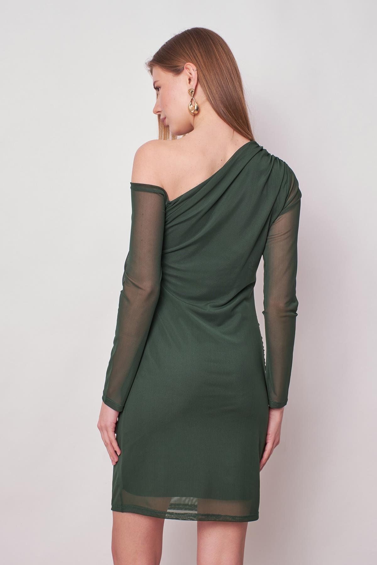 Jument-Rochie de seară cu mânecă lungă, cu mânecă lungă, cu un singur umăr, din tul din lycra, rochie de logodnă-verde închis 7