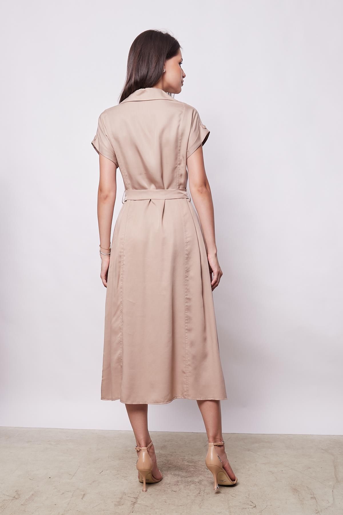 Jument-Rochie midi 100% iocell, lungime ceai, cu umăr dezactivat, mâneci duble și șireturi - Decolteu elegant din material textil-Came 7