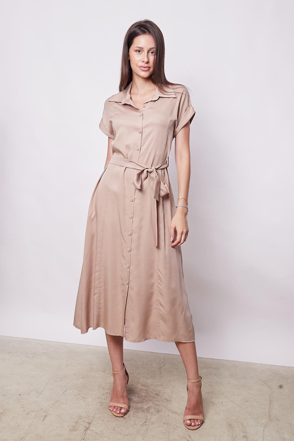 Jument-Rochie midi 100% iocell, lungime ceai, cu umăr dezactivat, mâneci duble și șireturi - Decolteu elegant din material textil-Came 5