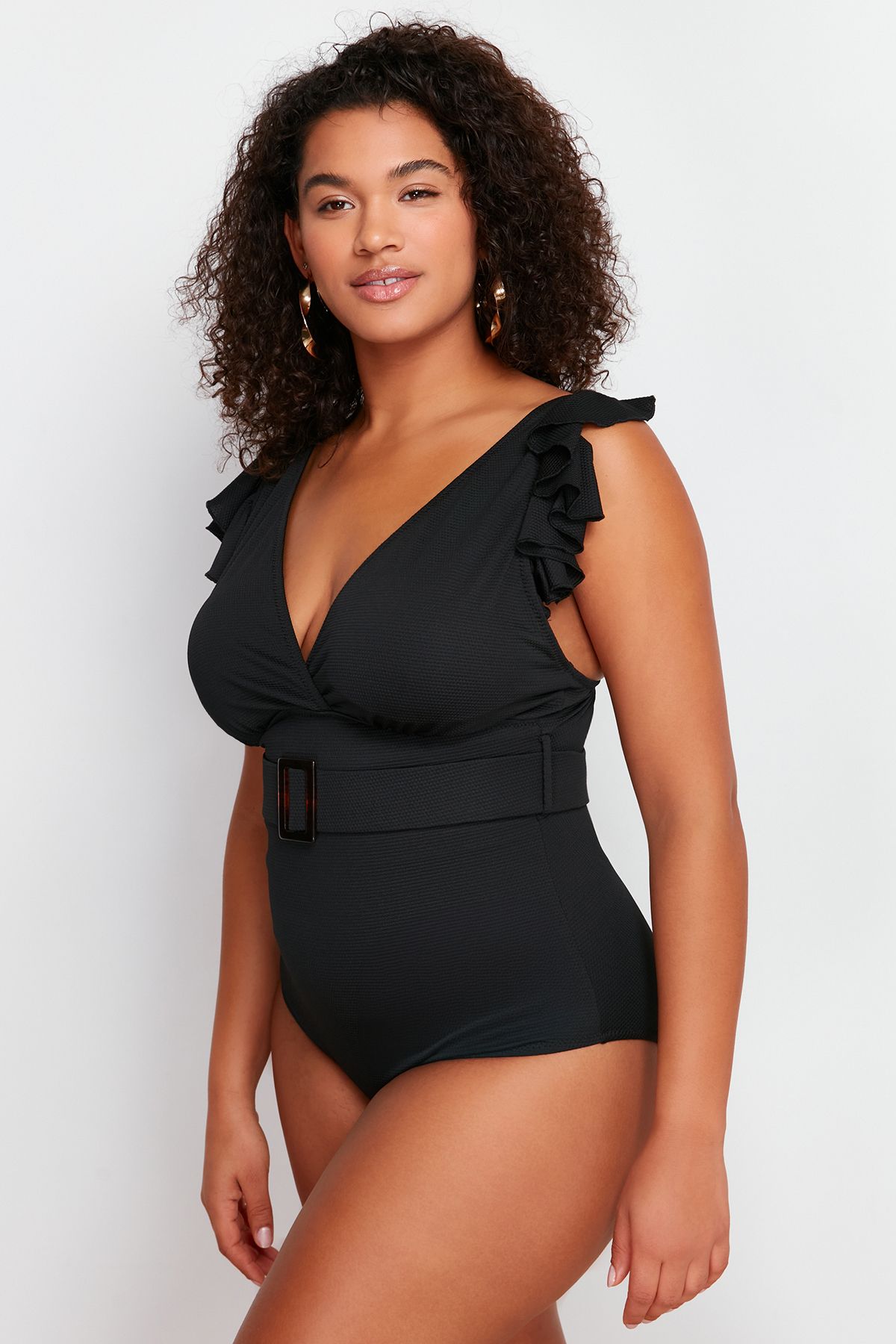 Trendyol Curve-Black Deep V Belted Knitted Plus Size Swimsuit with Recovery Effect Tbbss24Am00015 2