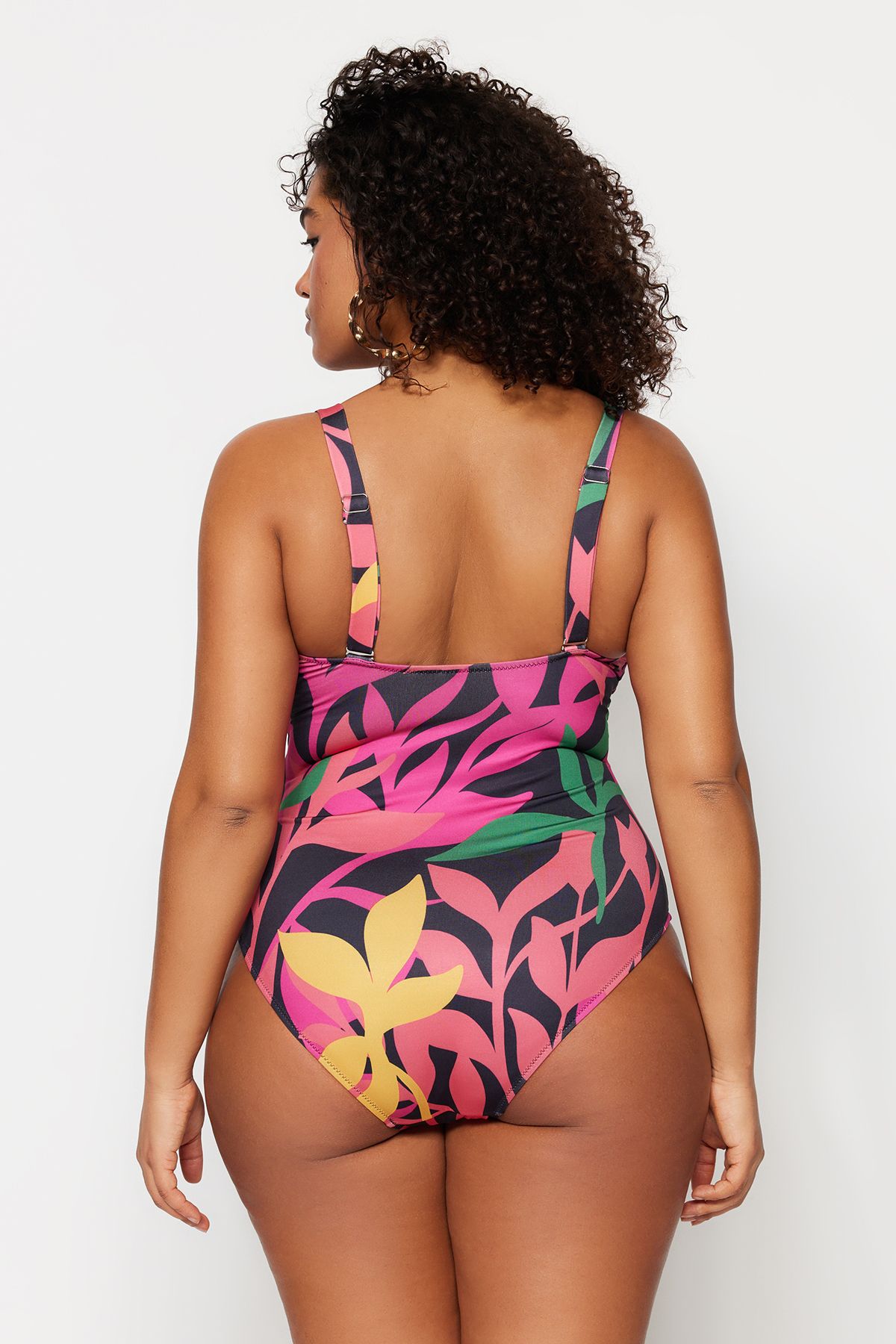 Trendyol Curve-Plus-Size-Badeanzug mit mehrfarbigem Blumendruck und V-Ausschnitt – Bindedetail TBBSS23AM00008 5