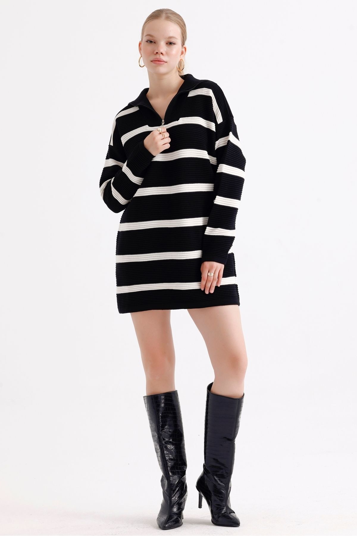 MD trend-Patterned Oversize Striped Knitwear Tunic - Zippered Collar Women's Dress 2