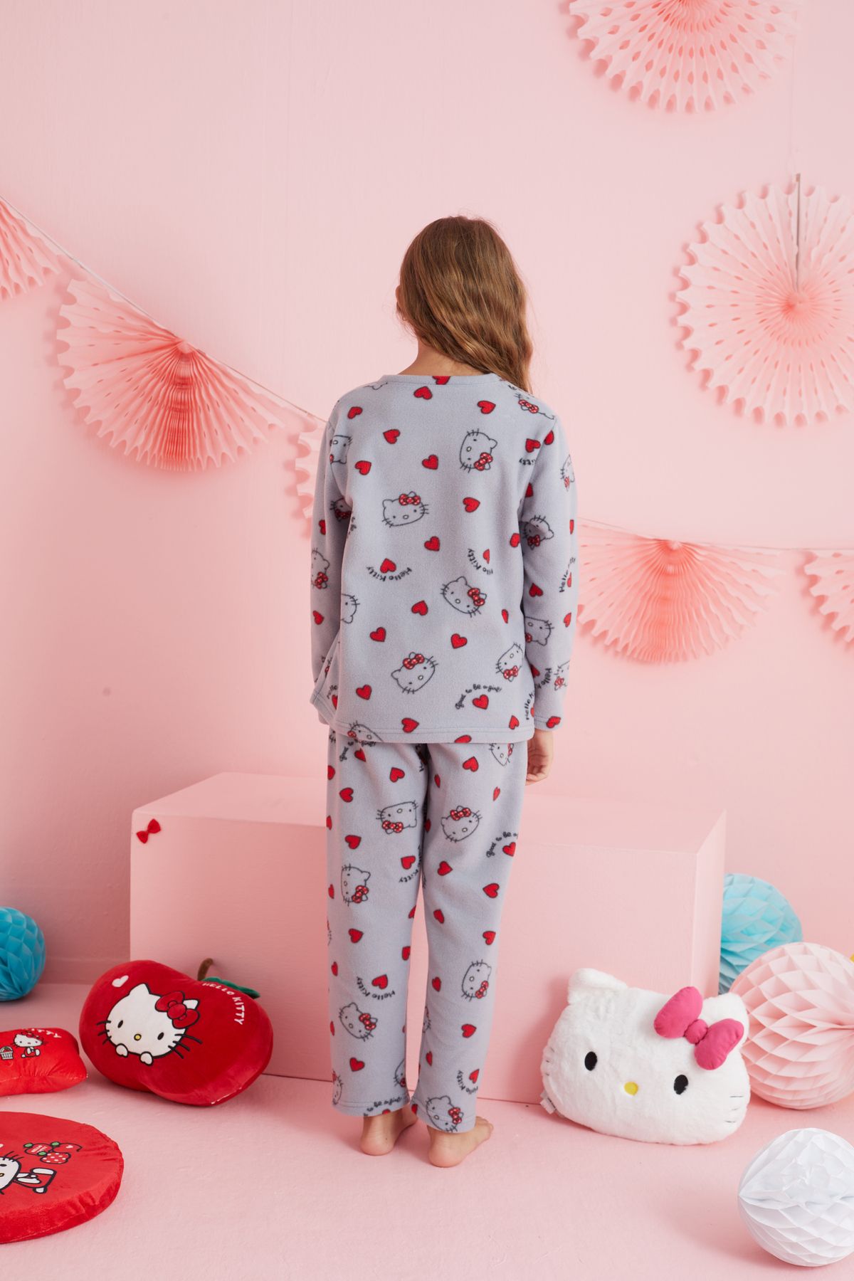 Siyah İnci Hello Kitty Lisanslı Polar Gri Çok Renkli Bisklet Yaka Pijama Takım HK316 görsel 5