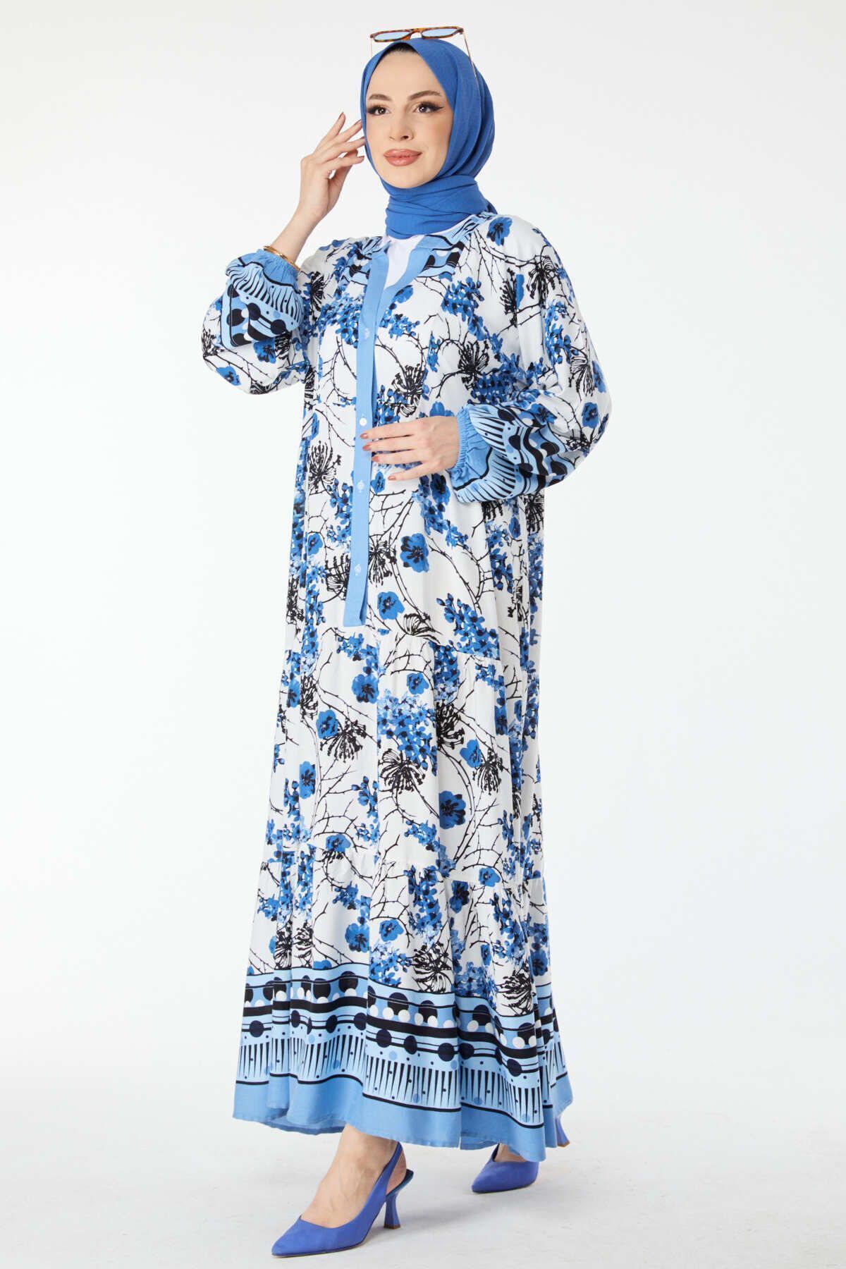 TOFİSA-Blaues gemustertes zweireihiges Damenkleid mit V-Ausschnitt - 24451 4