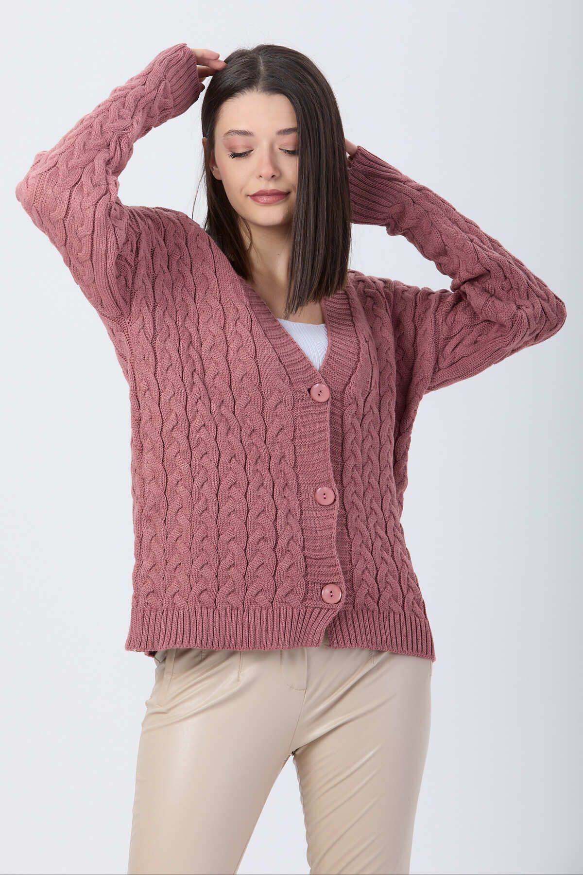 TOFİSA-Pink Knitwear Women's Cardigan - Plain Jacket Collar - 24033 6